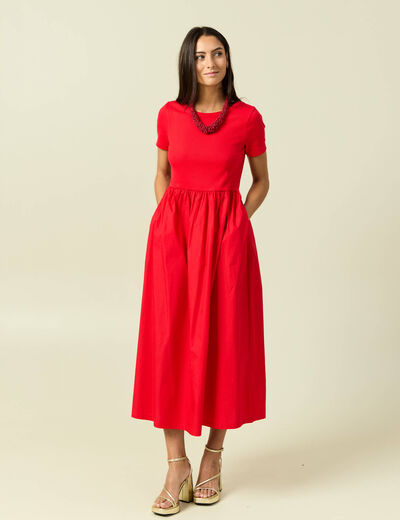 Robe longue bi-mati&egrave;re col rond rouge fonc&eacute; femme