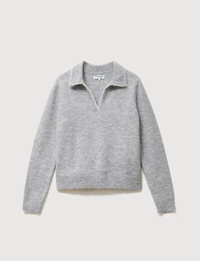 Pull droit col polo manches longues gris femme