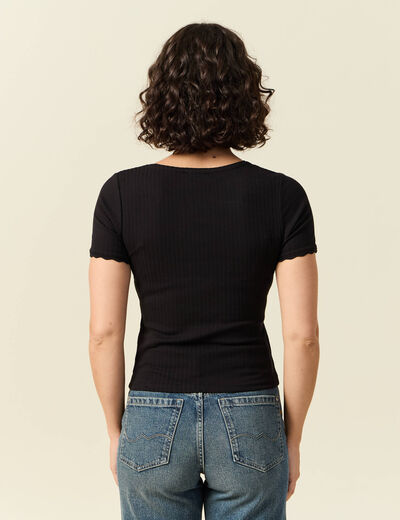 T-shirt manches courtes côtelé noir femme