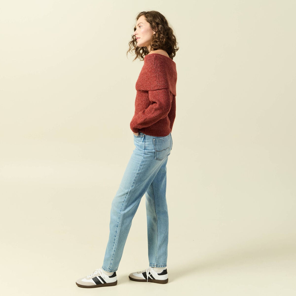 Pull manches longues col bardot vieux rose femme