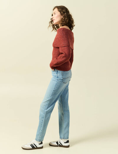 Pull manches longues col bardot vieux rose femme