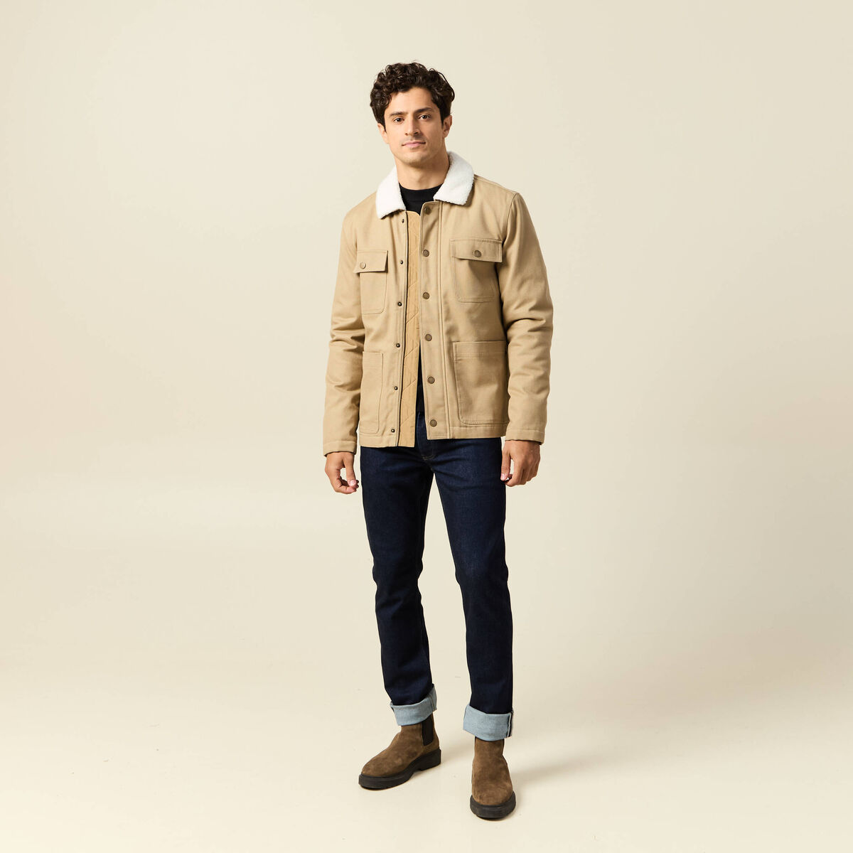 Blouson boutonn&eacute; col aviateur beige homme