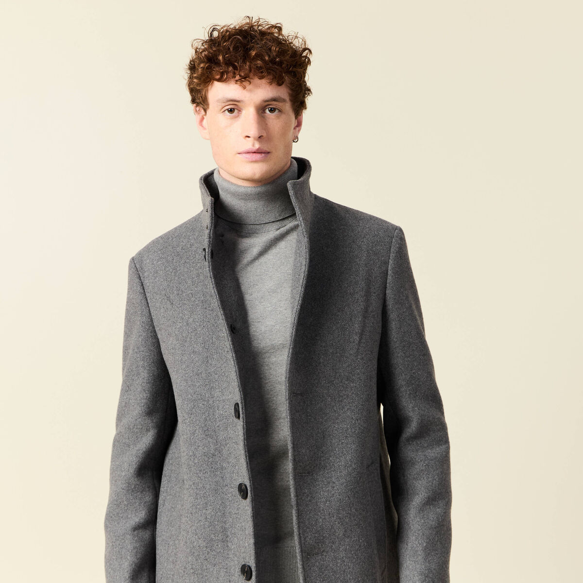 Manteau droit long col montant gris fonc&eacute; homme