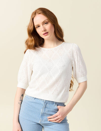 Pull manches courtes ajouré ecru femme