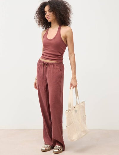 Pantalon large taille standard fluide marron cognac femme
