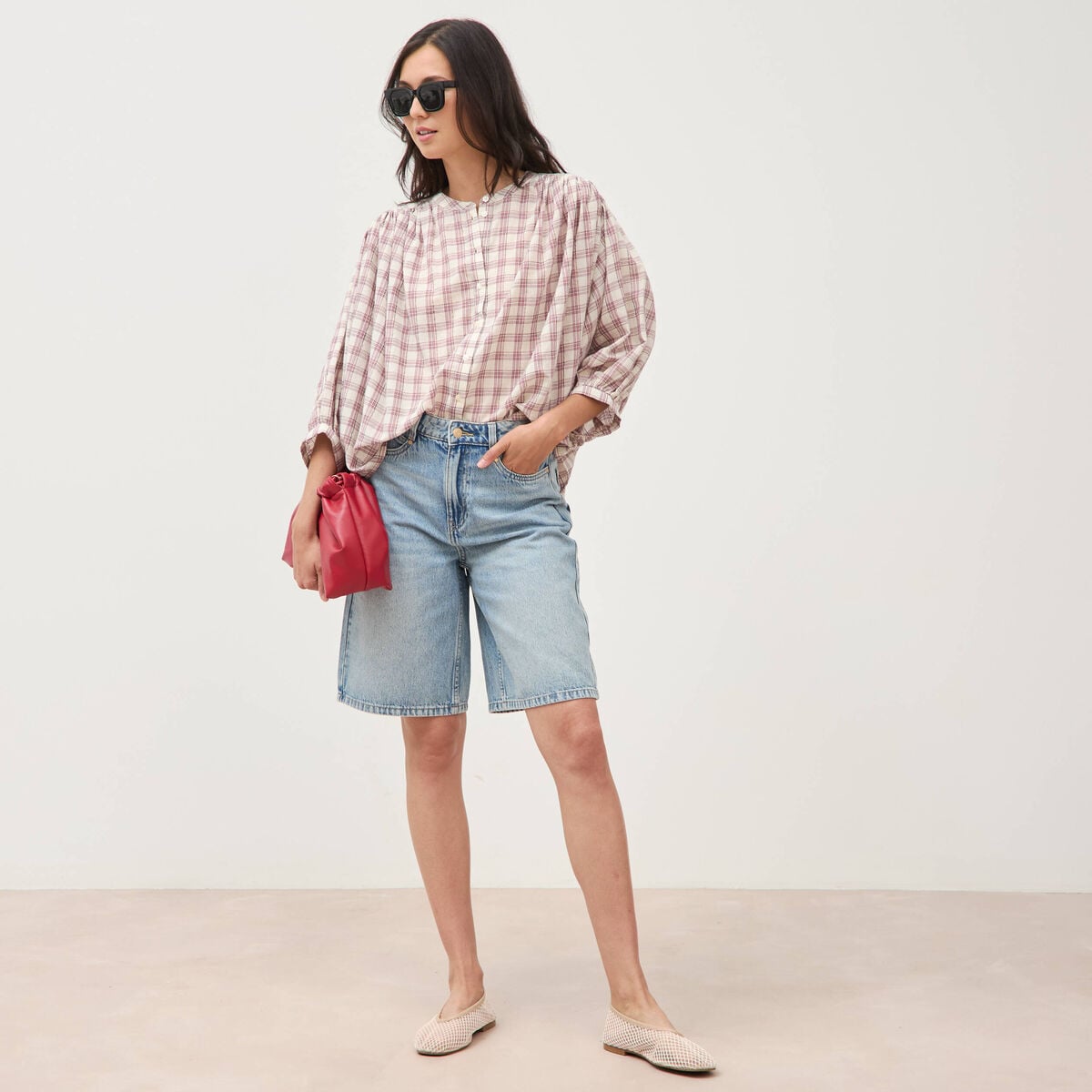Chemise oversize &agrave; carreaux marron cognac femme