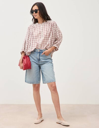 Chemise oversize &agrave; carreaux marron cognac femme