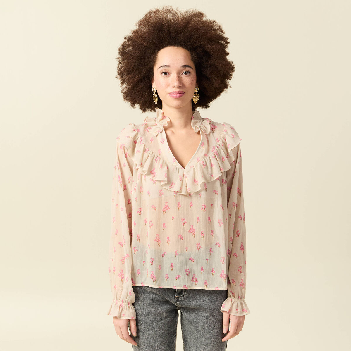 Blouse oversize col v manches longues blanc femme
