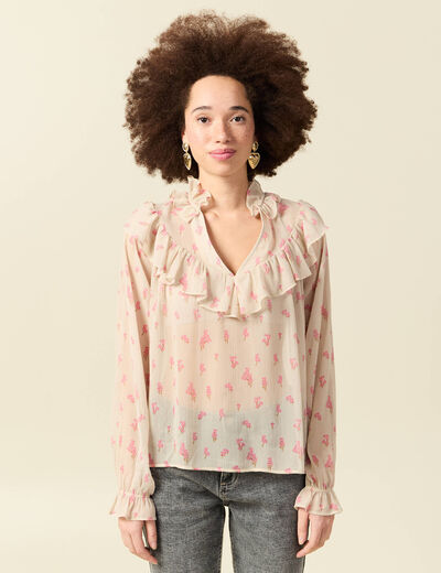 Blouse oversize col v manches longues blanc femme