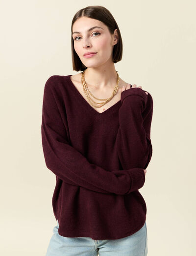 Pull manches longues col en V prune femme