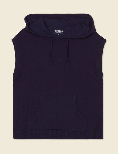 Pull sans manches capuche bleu marine femme
