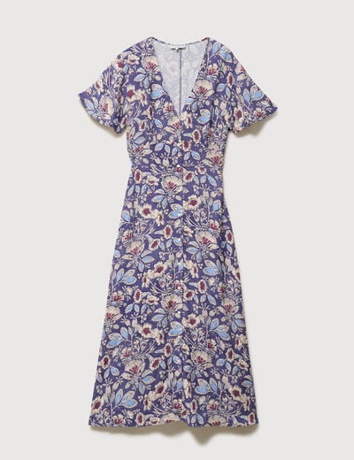 Robe droite 3/4 col v manches courtes bleu femme