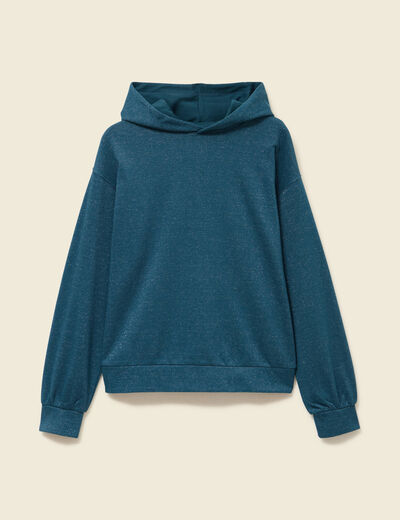 Sweat &agrave; capuche manches longues brillant bleu canard femme