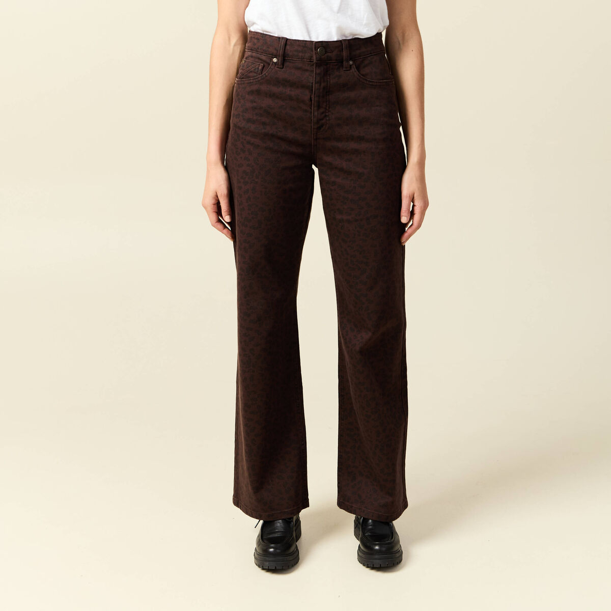 Pantalon large taille haute en jeans marron cognac femme