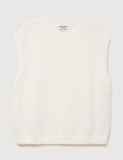 Pull droit court sans manches col rond ecru femme