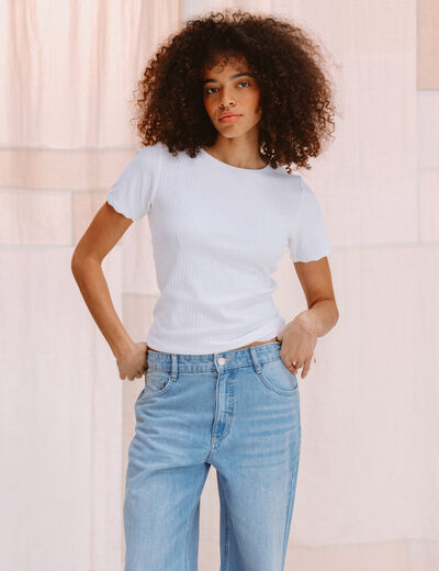 T-shirt manches courtes c&ocirc;tel&eacute; blanc femme