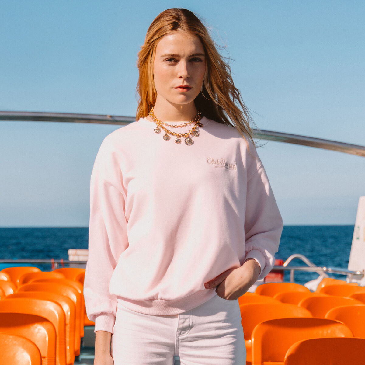 Sweat oversize manches longues brod&eacute; rose poudr&eacute;e femme
