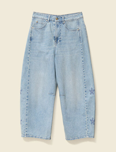 Jeans slouchy brodé 7/8ème denim bleach femme