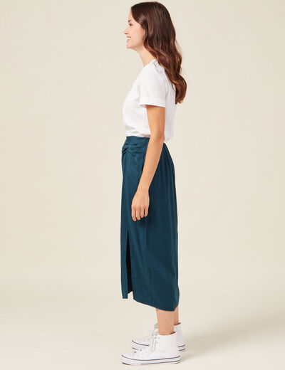 Jupe midi droite fendue satin bleu canard femme