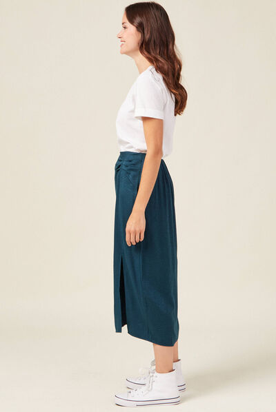 Jupe midi droite fendue satin bleu canard femme