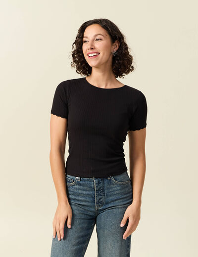 T-shirt manches courtes côtelé noir femme