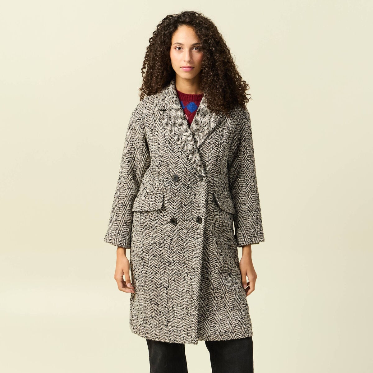 Manteau long oversize col montant gris fonc&eacute; femme