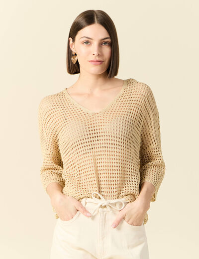 Pull manches courtes ajouré creme femme