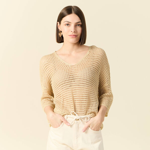 Pull manches courtes ajouré creme femme