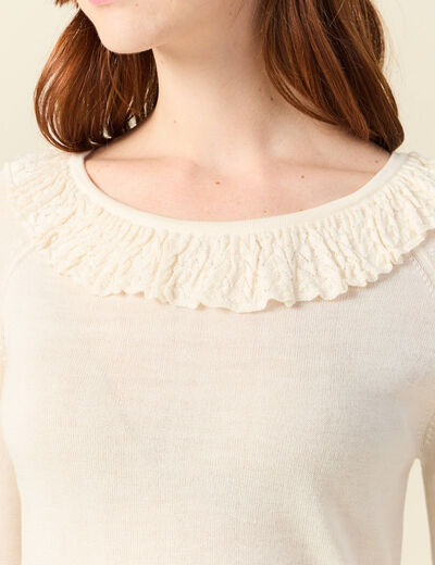 Pull col rond &agrave; volants manches longues ivoire femme