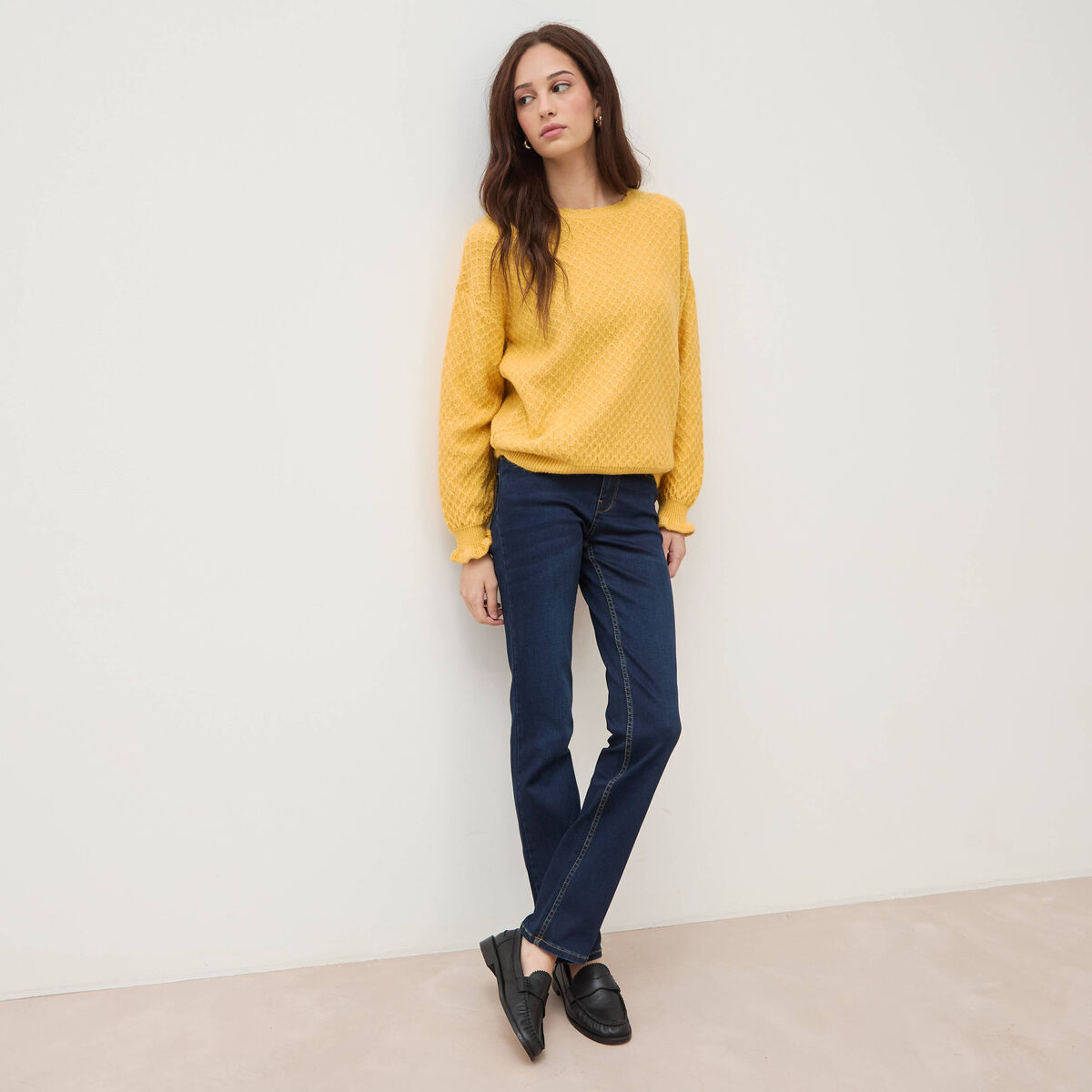 Jeans regular taille haute denim brut femme