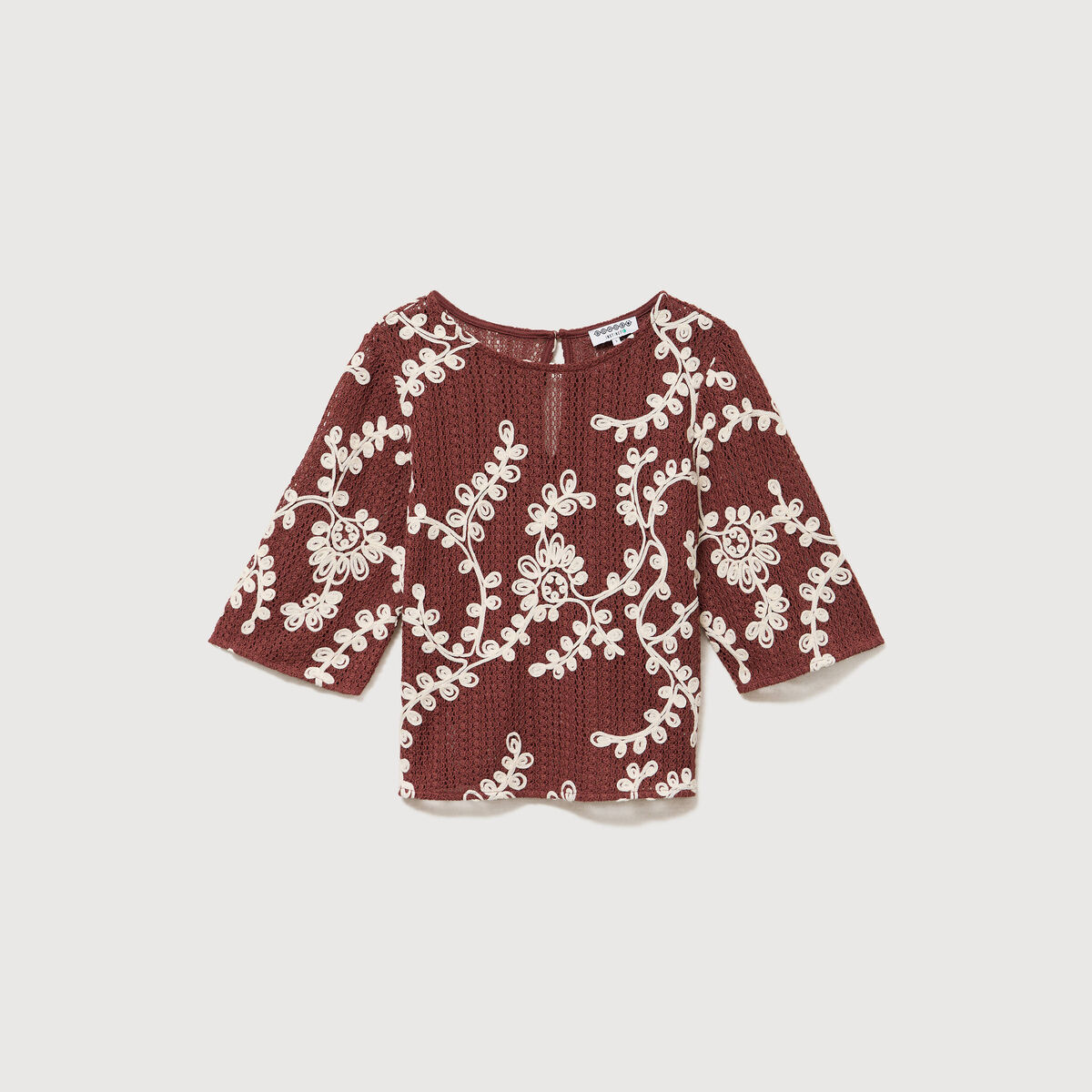 T-shirt brod&eacute; col rond manches 3/4 marron cognac femme