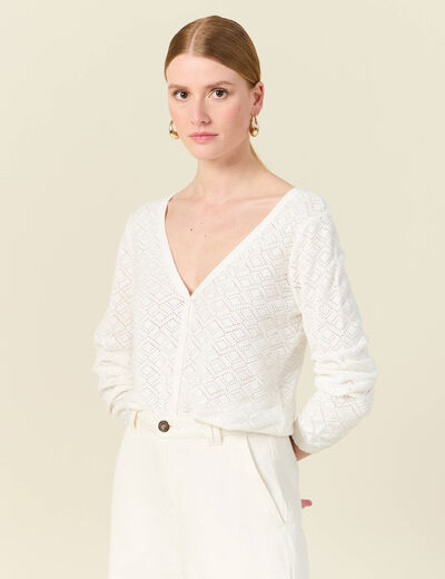 Gilet manches longues ajouré ecru femme