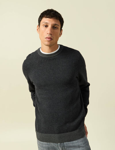 Pull col rond manches longues en coton bleu marine homme
