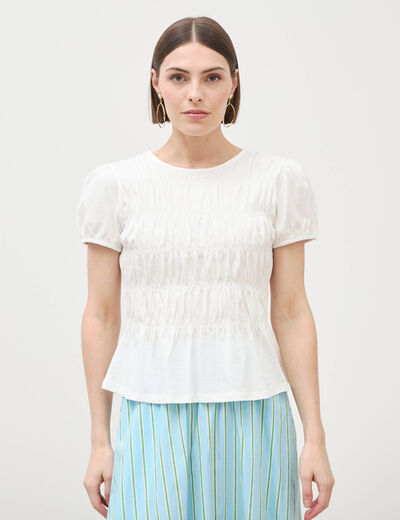 T-shirt fronc&eacute; col rond manches courtes ecru femme