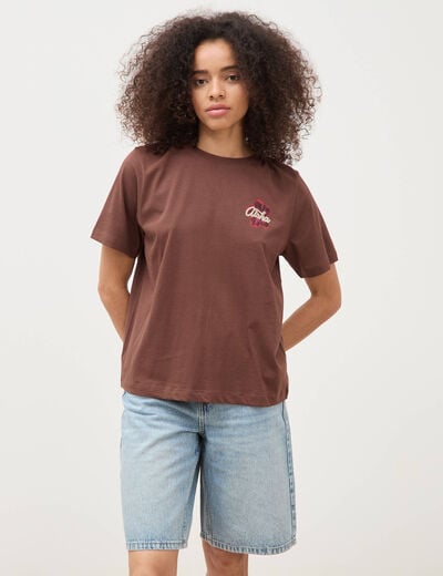 T-shirt droit en coton manches courtes marron cognac femme