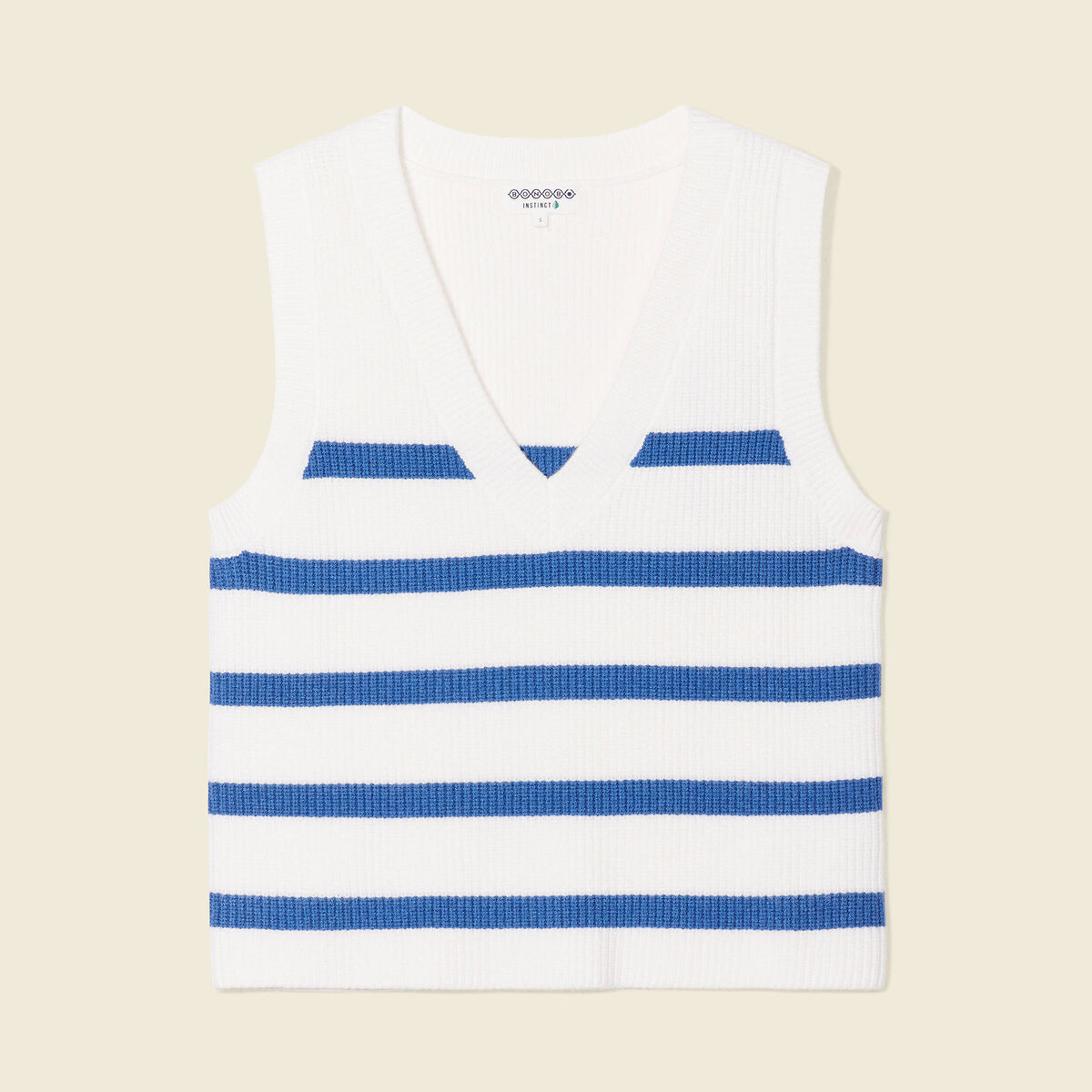 Pull droit court sans manches col v ecru femme