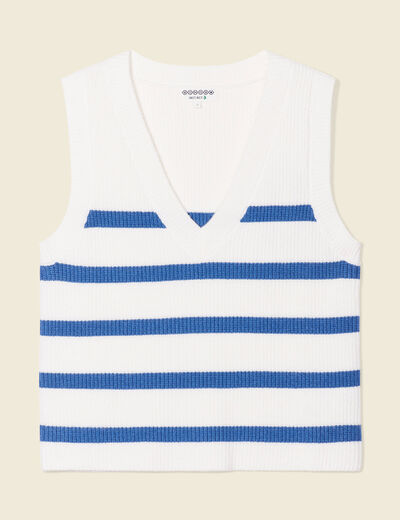 Pull droit court sans manches col v ecru femme