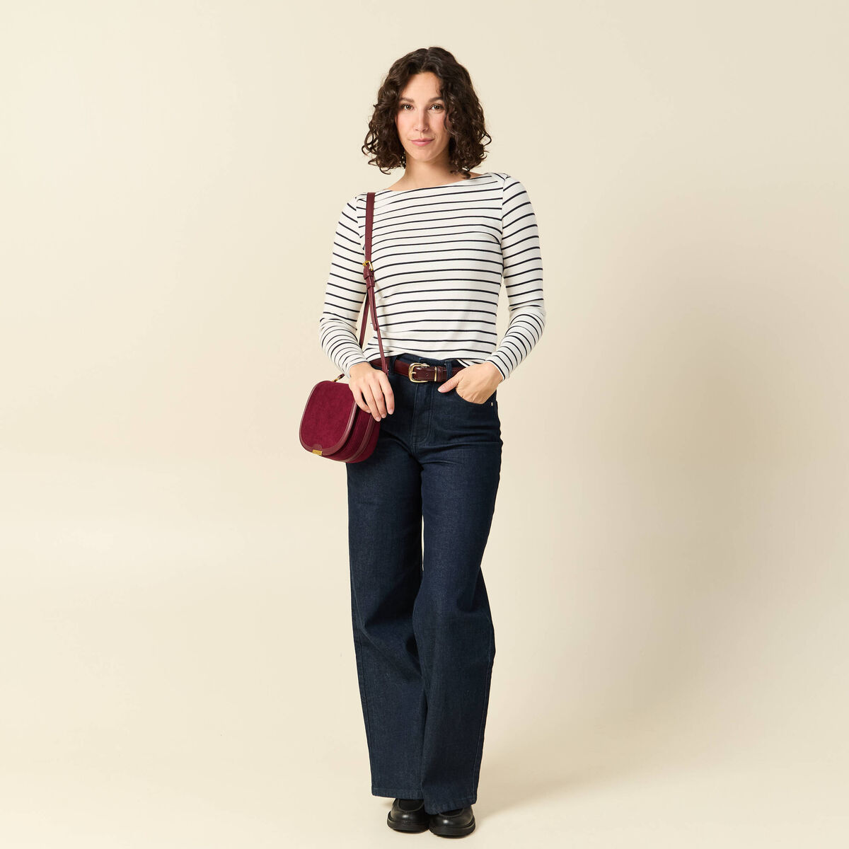 T-shirt ray&eacute; ajust&eacute; manches longues bleu femme