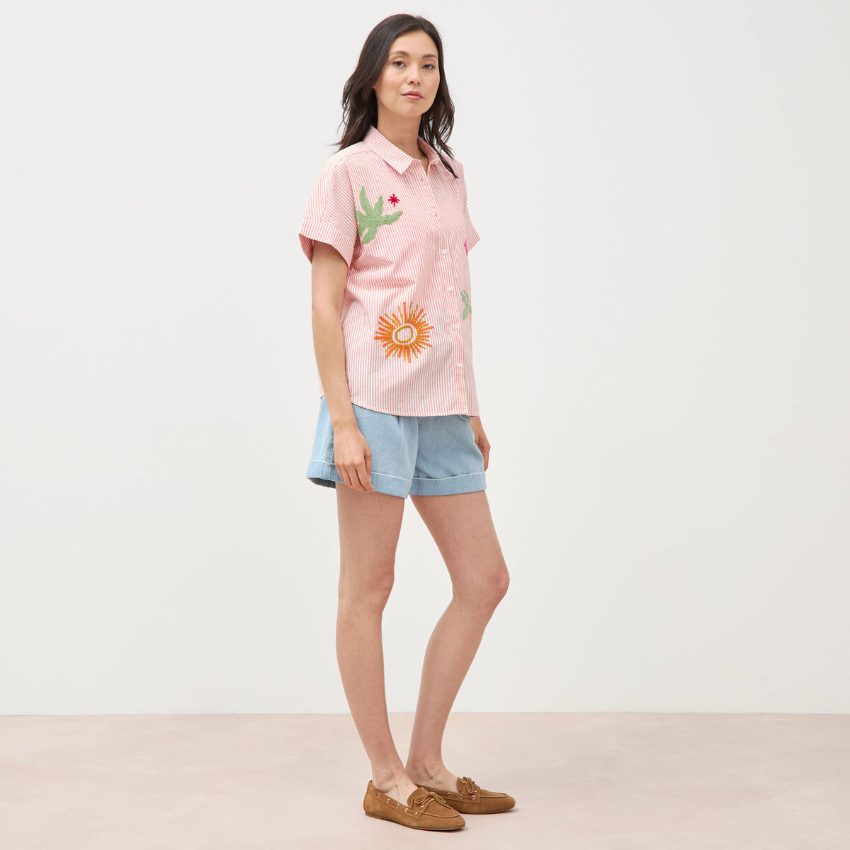 Chemise ample en coton &agrave; broderie orange abricot femme