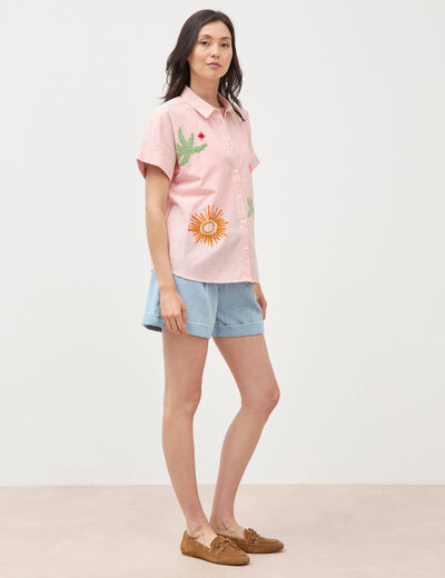 Chemise ample en coton &agrave; broderie orange abricot femme