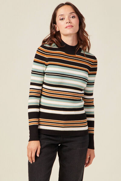 Pull manches longues côtelé marron femme