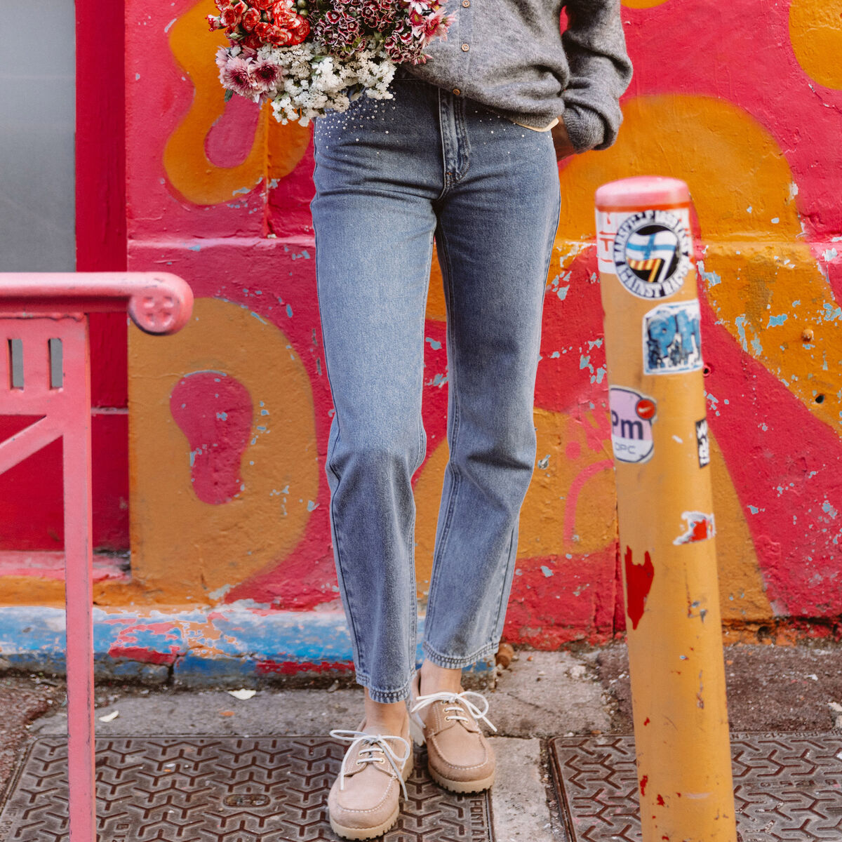 Jeans taille haute avec strass denim used femme