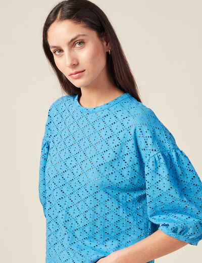 T-shirt manches 3/4 ajouré bleu femme