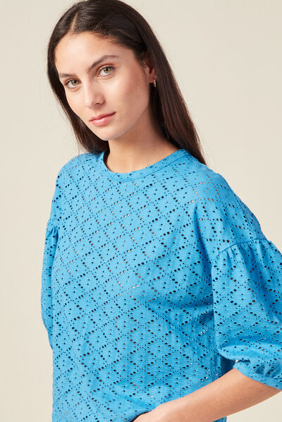 T-shirt manches 3/4 ajouré bleu femme