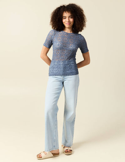 T-shirt cintr&eacute; col rond dentelle bleu gris femme