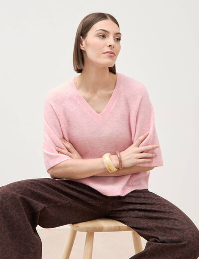 Pull droit court col v manches courtes rose clair femme