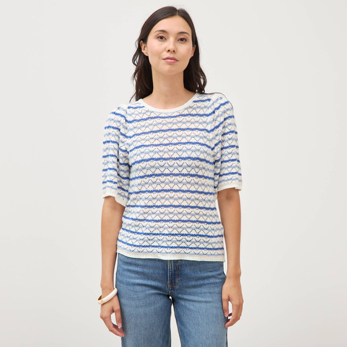 Pull col bateau manches courtes bleu femme