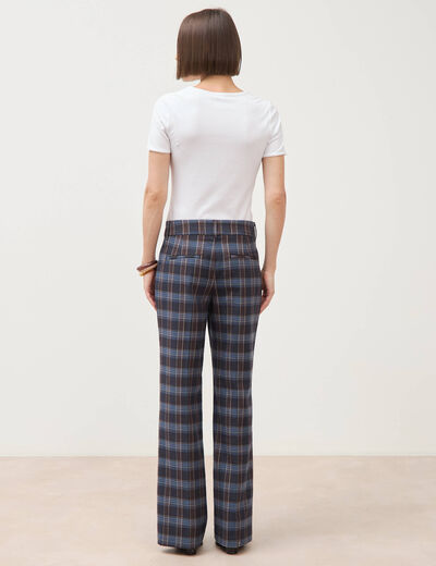 Pantalon flare &agrave; carreaux taille haute bleu gris femme