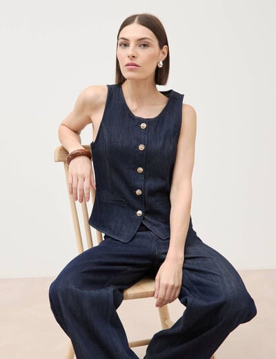 Gilet en jeans sans manches col rond denim brut femme