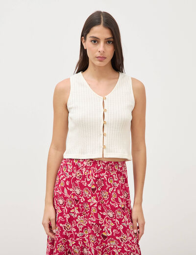 D&eacute;bardeur droit court col v creme femme